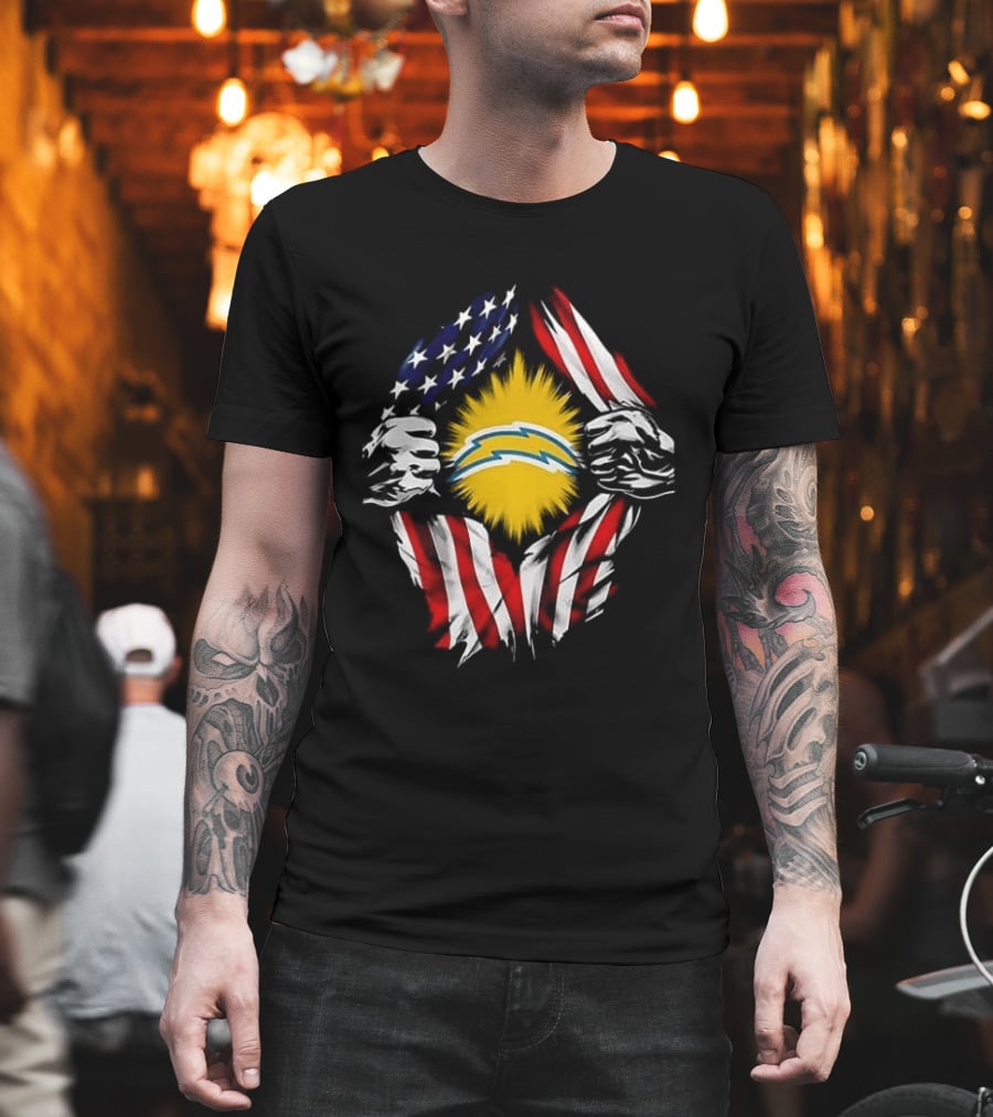 Los Angeles Chargers Superman Skull Cap Backwards USA Flag Power T-Shirt