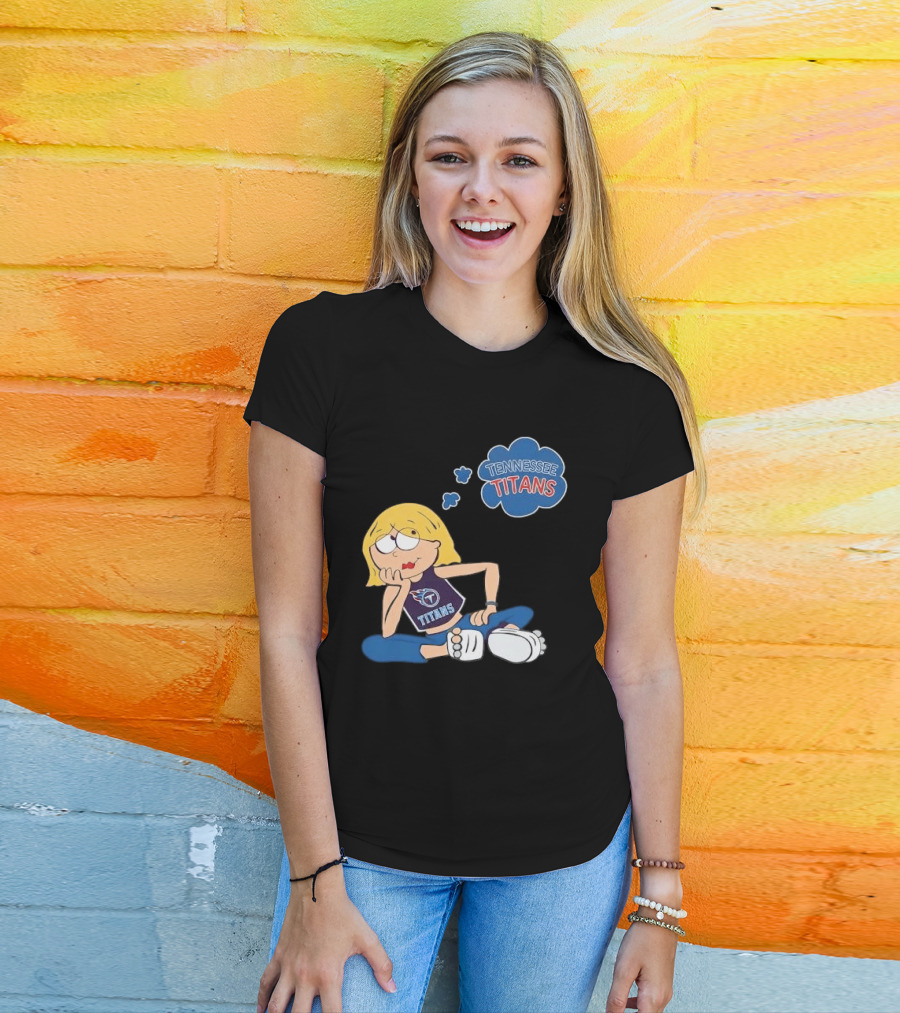 Tennessee Titans Blonde Cartoon Girl Sitting Thinking Thought Bubble Titans T-Shirt