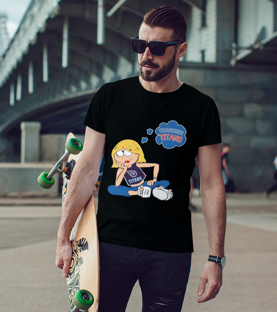 Tennessee Titans Blonde Cartoon Girl Sitting Thinking Thought Bubble Titans T-Shirt