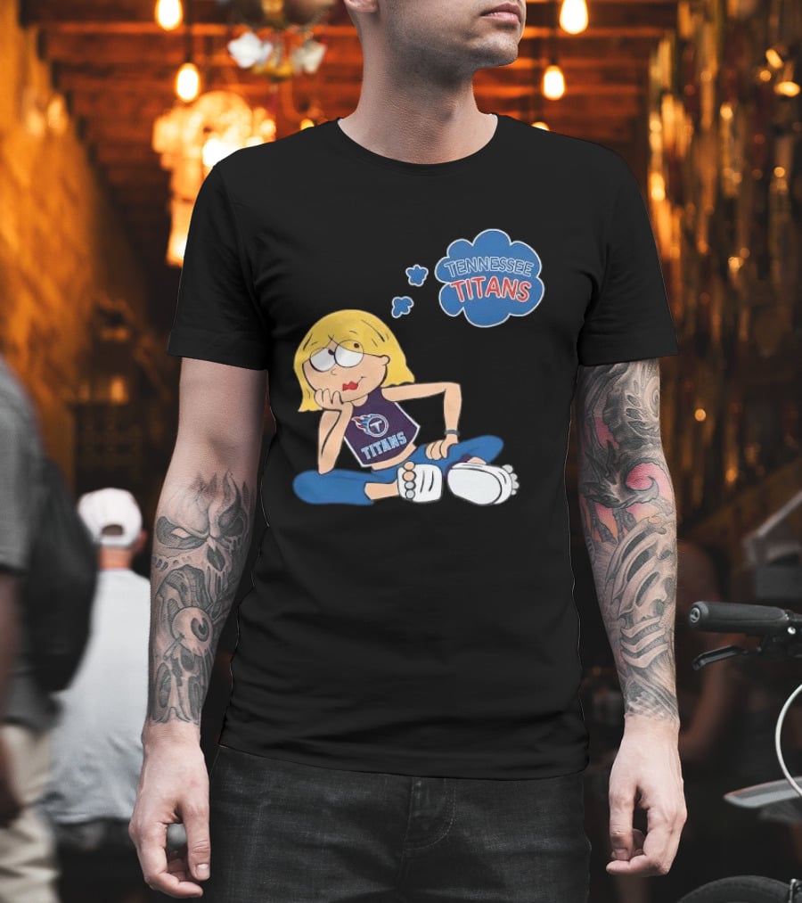 Tennessee Titans Blonde Cartoon Girl Sitting Thinking Thought Bubble Titans T-Shirt