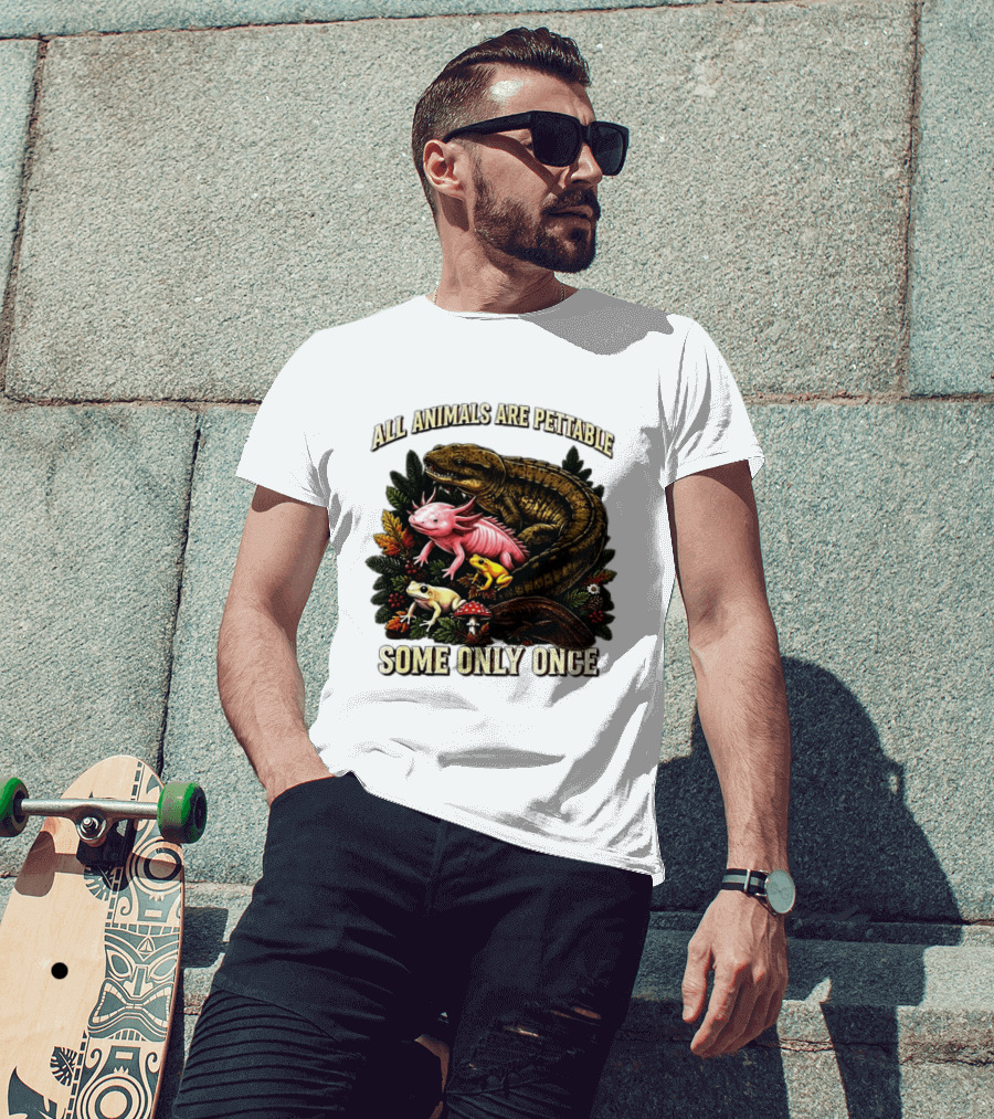All Animals Are Pettable Some Only Once Frogs Axolotl Salamanders Mushroom Leaves T-Shirt