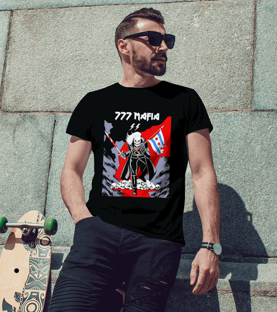 777 Mafia Chicago Flag Skeleton Skull T-Shirt