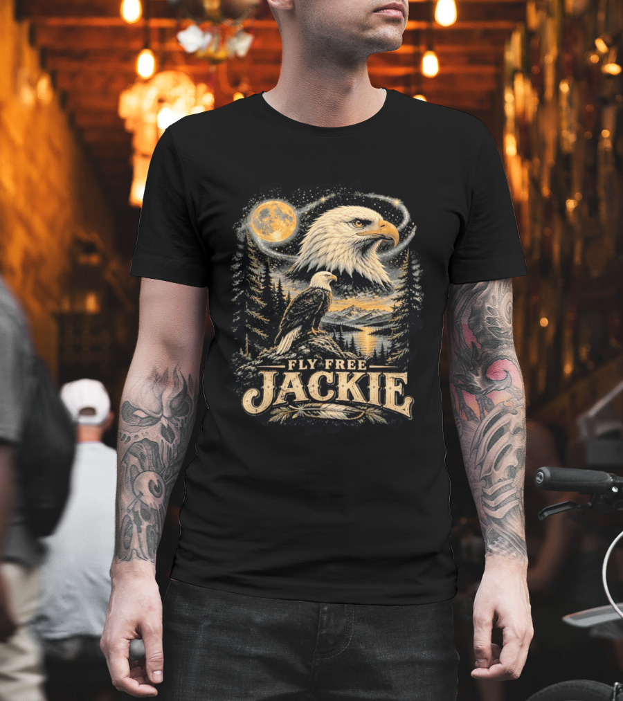 Fly Free Jackie Bald Eagle Scenic Tribute Moonlit Forest Landscape T-Shirt