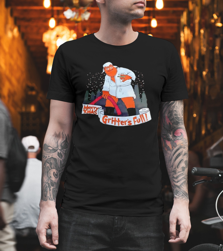 Merry Xmas Gritters Full Cartoon Orange Bathrobe Holding Hose T-Shirt