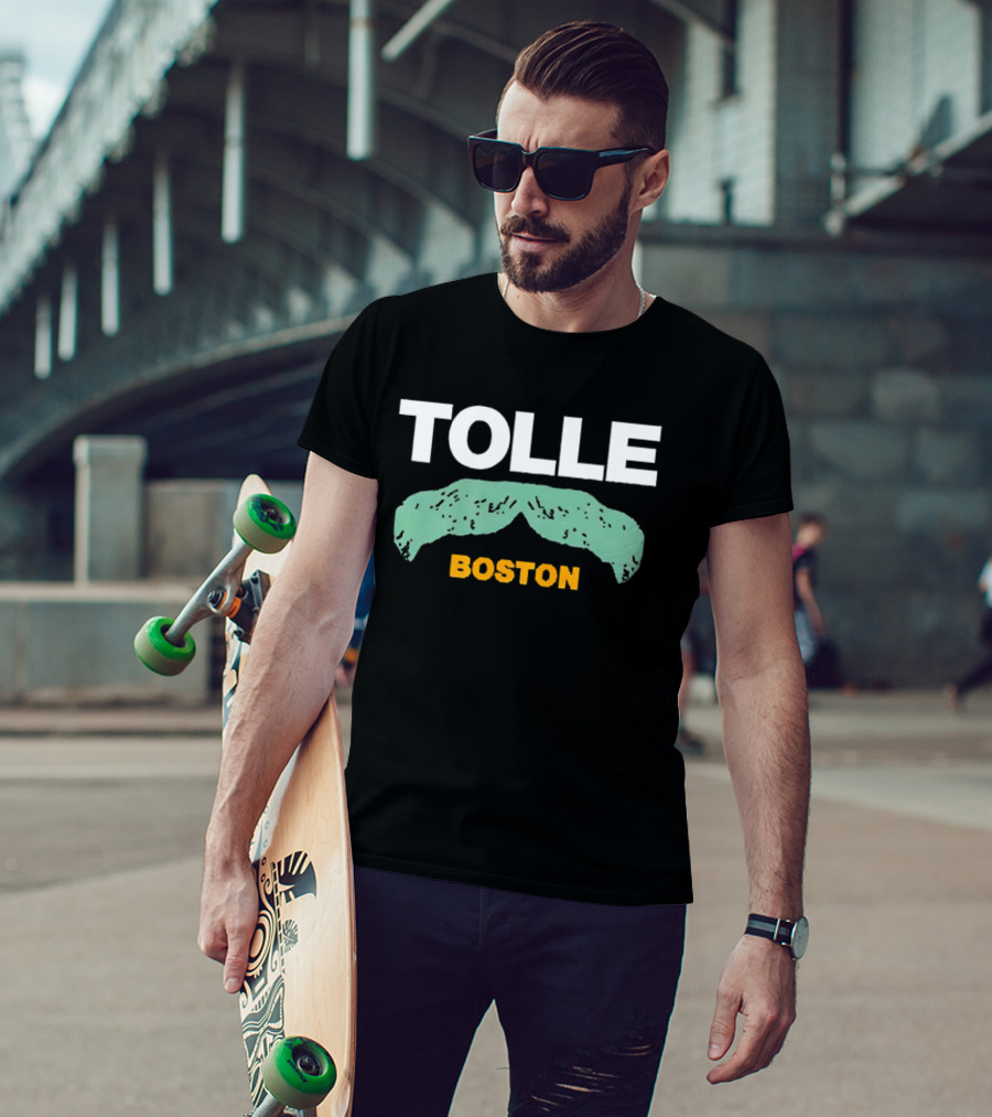 Tolle Boston White And Yellow Distressed Green Mustache T-Shirt