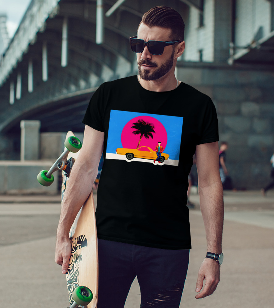 Yellow Car Palm Tree Retro Sunset Aesthetic T-Shirt