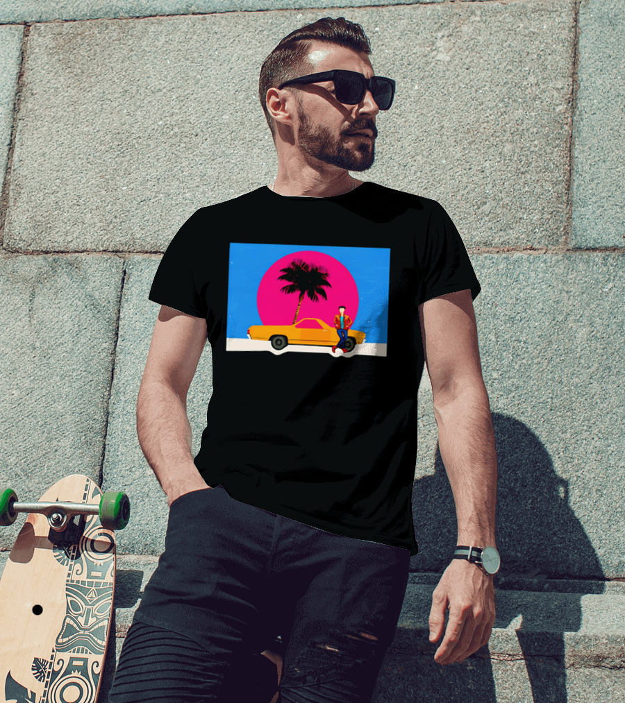Yellow Car Palm Tree Retro Sunset Aesthetic T-Shirt