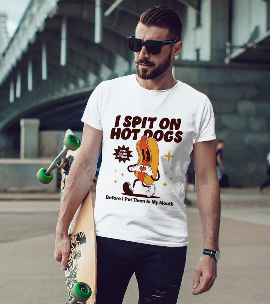 I Spit On Hot Dogs Cartoon Sausage Heart Hands Pre Game Ritual Before I Put Them In My Mouth T-Shirt