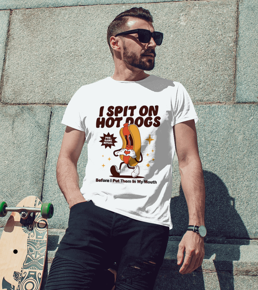 I Spit On Hot Dogs Cartoon Sausage Heart Hands Pre Game Ritual Before I Put Them In My Mouth T-Shirt