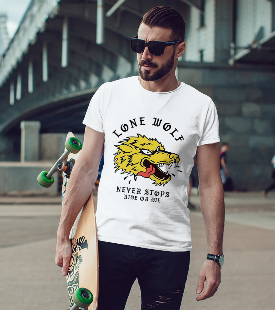 Lone Wolf Never Stops Ride Or Die Fierce Yellow Wolf Head T-Shirt