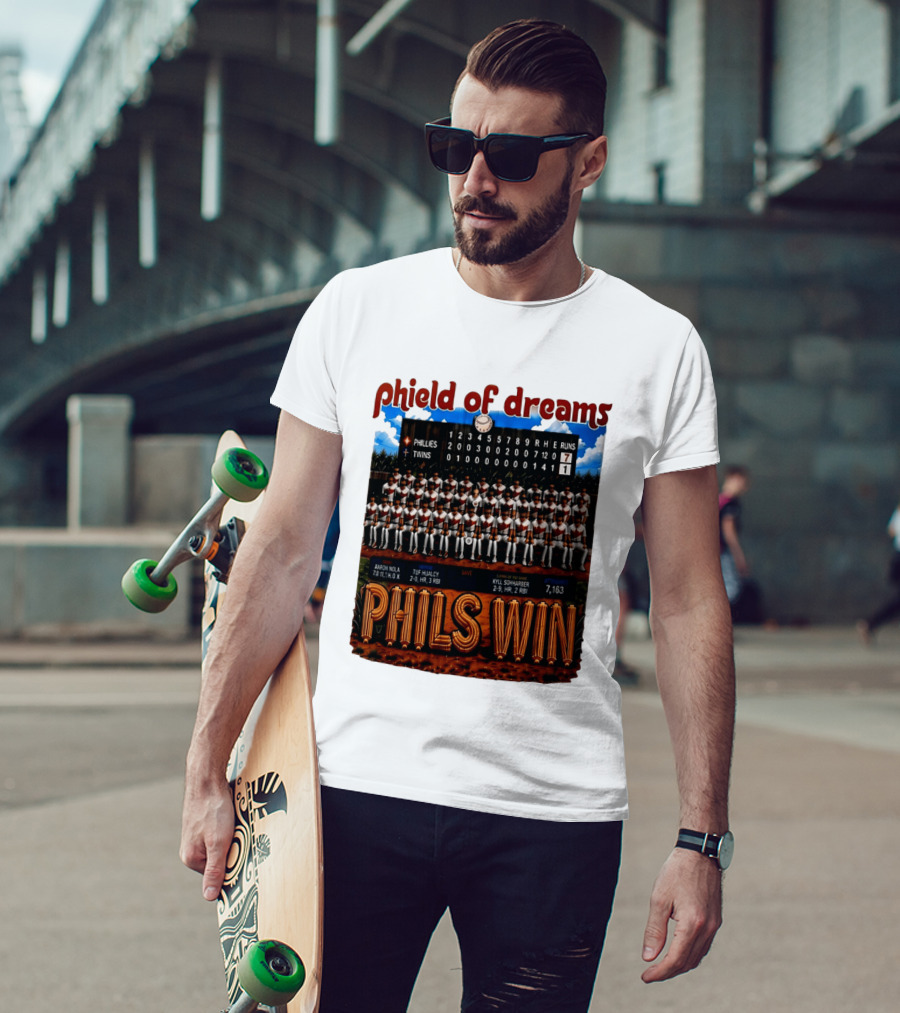 Philadelphia Phillies Phield Of Dreams Phils Win Twins Scoreboard Aaron Nola Tuf Hualcy Kyle Sohnharser 7163 Attendance T-Shirt