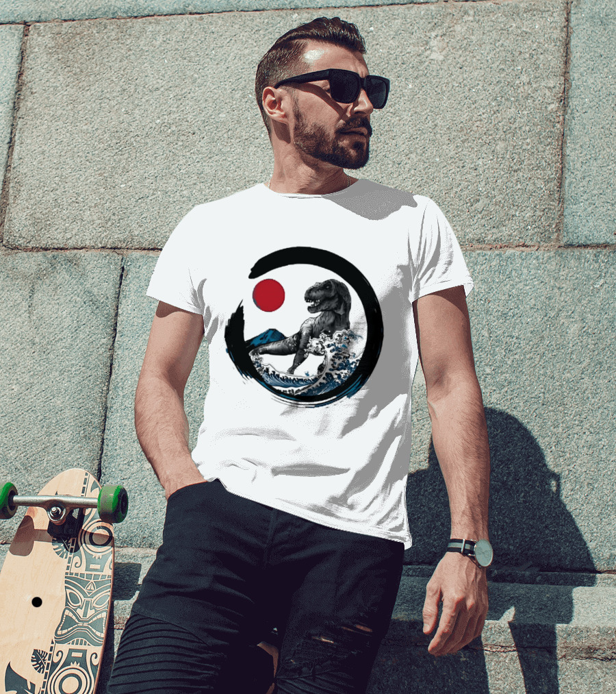 Tyrannosaurus Rex Riding Great Wave With Mount Fuji Enso And Red Sun T-Shirt