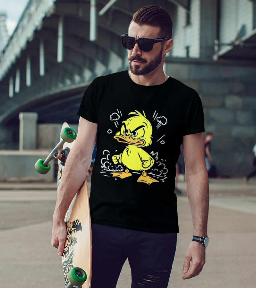 Angry Yellow Duckling Clenched Fists Smoke Clouds Cartoon Line T-Shirt