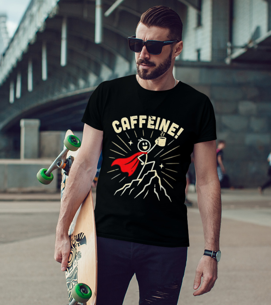 Caffeine Distressed Stick Figure Superhero Holding Coffee On Mountain Peak T-Shirt