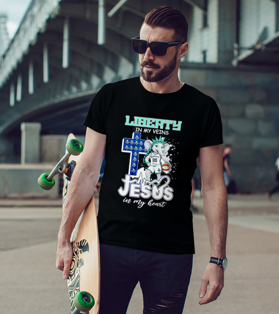 Liberty In My Veins Jesus In My Heart New York Liberty Elephant Basketball Cross T-Shirt