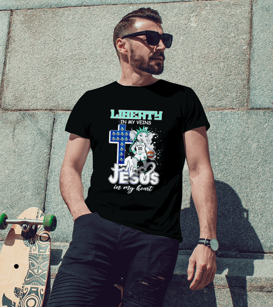 Liberty In My Veins Jesus In My Heart New York Liberty Elephant Basketball Cross T-Shirt