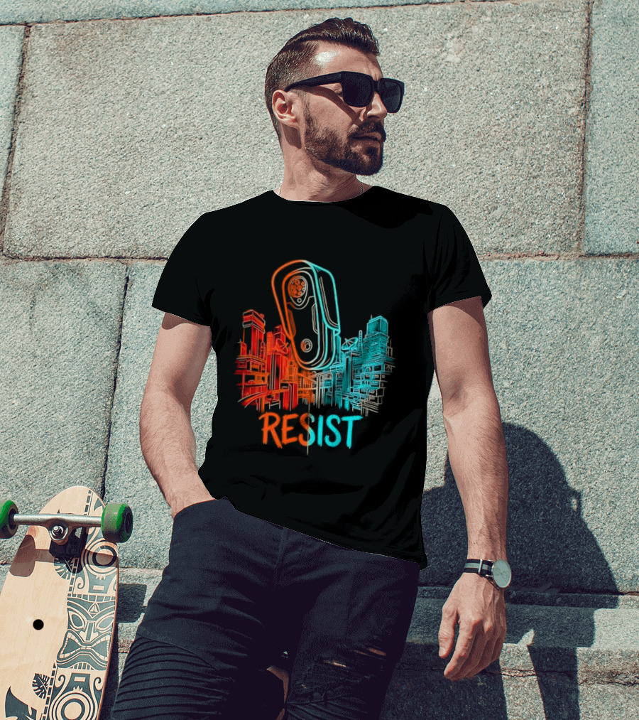 Resist Surveillance Neon City Skyline Security Camera T-Shirt