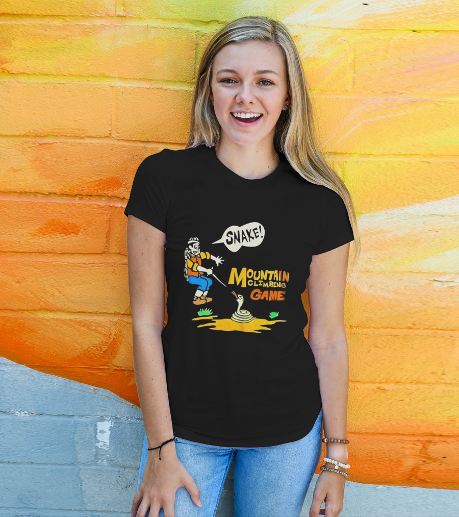 Snake Mountain Climbing Game Startled Climber Coiled Serpent Cartoon T-Shirt
