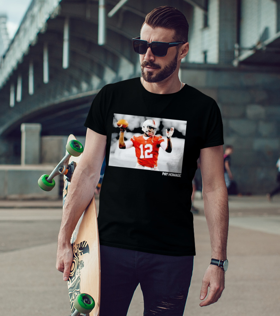 Ohio State Buckeyes Quarterback Number 12 Throwing Football Selective Color Pay Homage T-Shirt