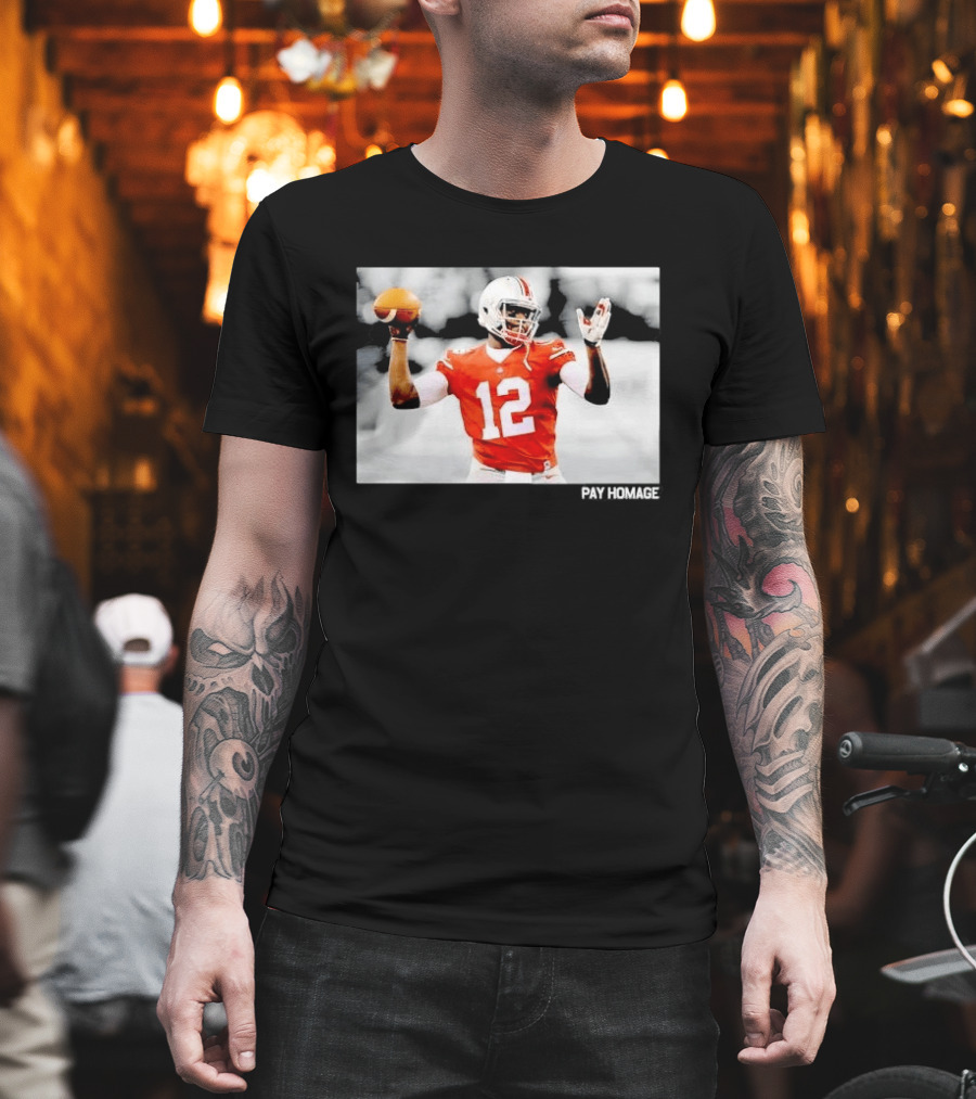 Ohio State Buckeyes Quarterback Number 12 Throwing Football Selective Color Pay Homage T-Shirt
