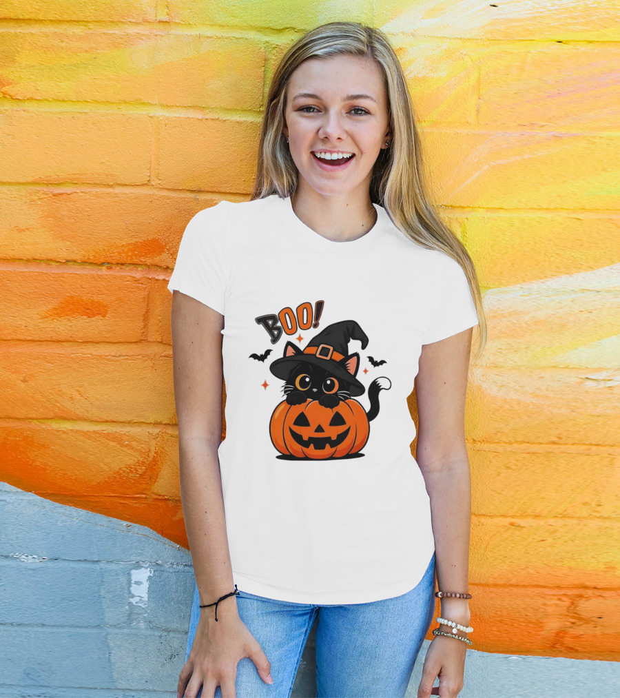 Boo Halloween Black Cat Witch Hat Jack O Lantern Pumpkin T-Shirt