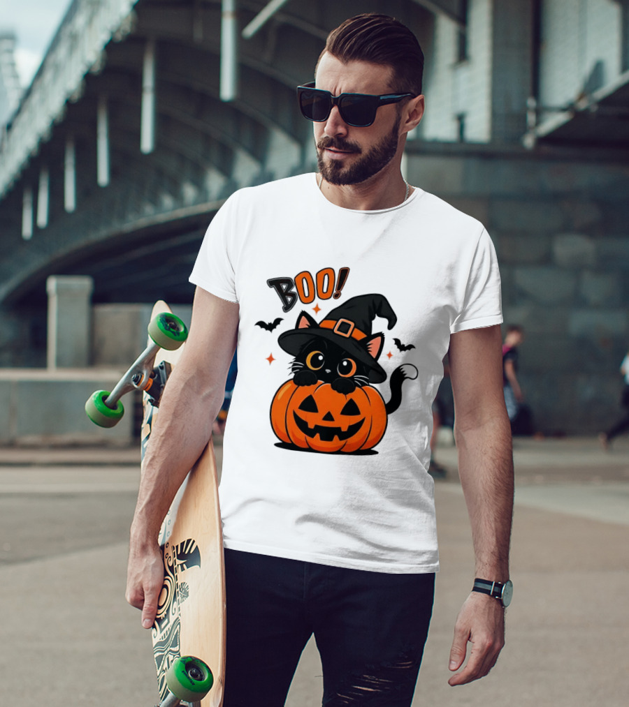 Boo Halloween Black Cat Witch Hat Jack O Lantern Pumpkin T-Shirt