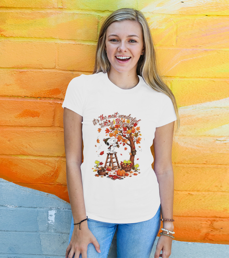 Snoopy It's The Most Wonderful Time Of The Year Autumn Tree Pumpkin Woodstock T-Shirt