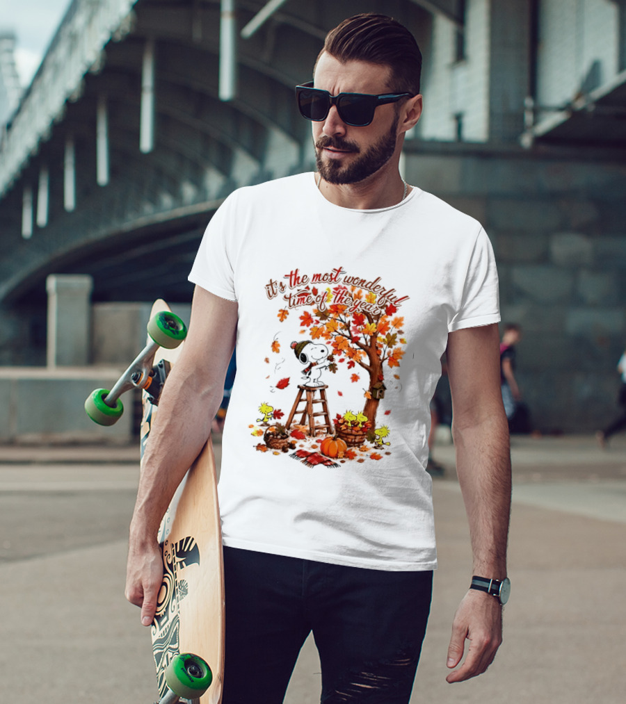 Snoopy It's The Most Wonderful Time Of The Year Autumn Tree Pumpkin Woodstock T-Shirt