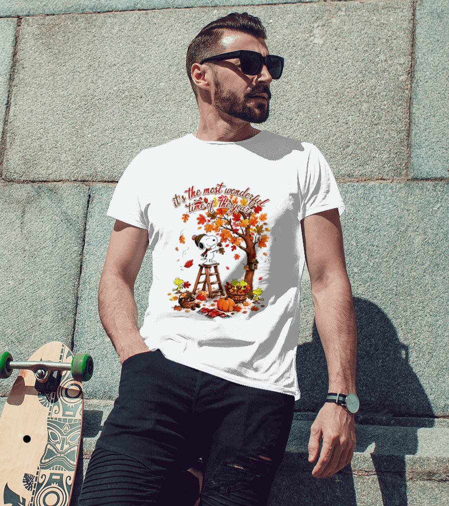 Snoopy It's The Most Wonderful Time Of The Year Autumn Tree Pumpkin Woodstock T-Shirt