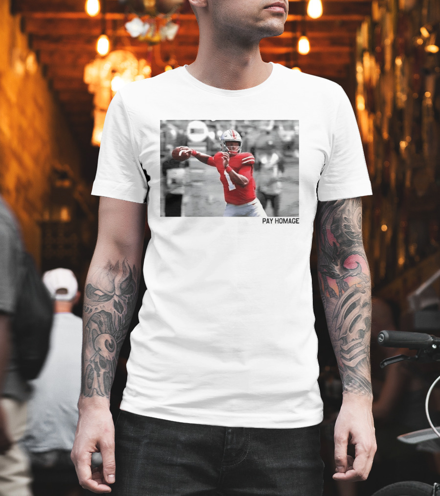 Ohio State Buckeyes NCAA Pay Homage Quarterback Throwing Football Selective Color Photo T-Shirt