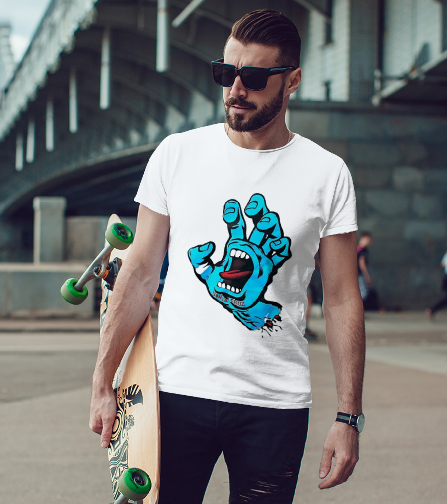 Santa Cruz Blue Screaming Hand Open Mouth Tongue Cartoon T-Shirt