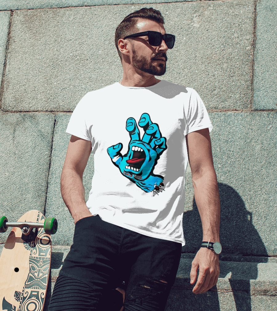 Santa Cruz Blue Screaming Hand Open Mouth Tongue Cartoon T-Shirt