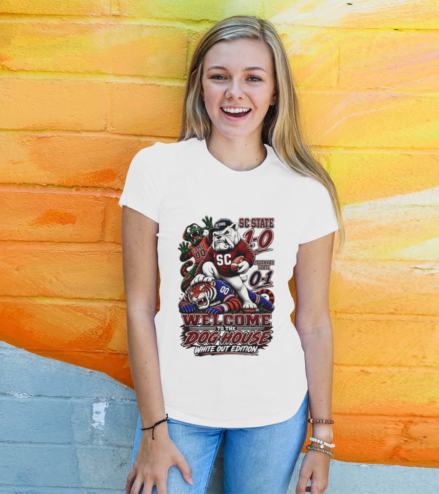 South Carolina State Bulldogs 1 0 Welcome To The Dog House White Out Edition Cartoon Tackling Tiger Savannah State 0 1 FAMU 00 T-Shirt