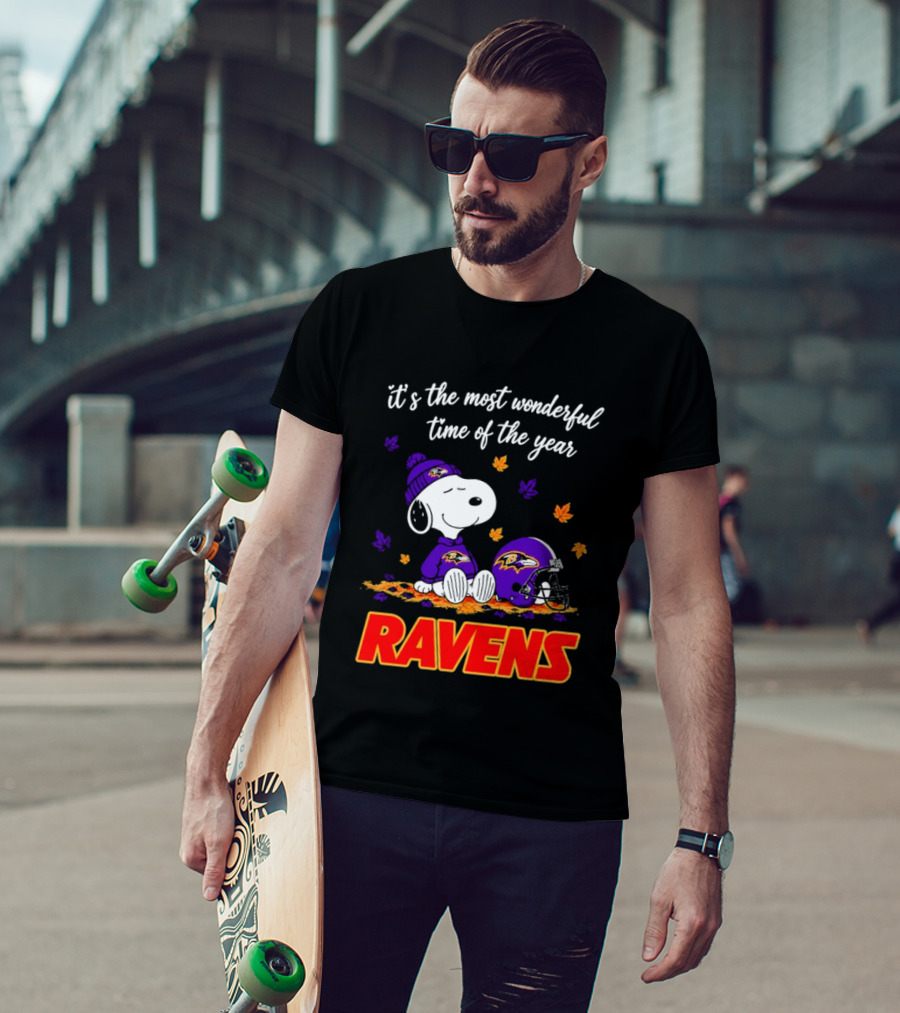 Baltimore Ravens It's The Most Wonderful Time Of Year Snoopy Sitting Leaves Football Helmet T-Shirt