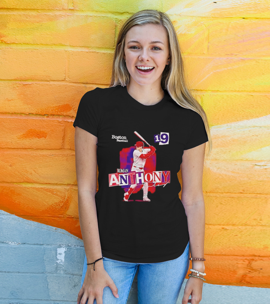Boston Baseball 19 Roman Anthony Player Batting Red Paint T-Shirt