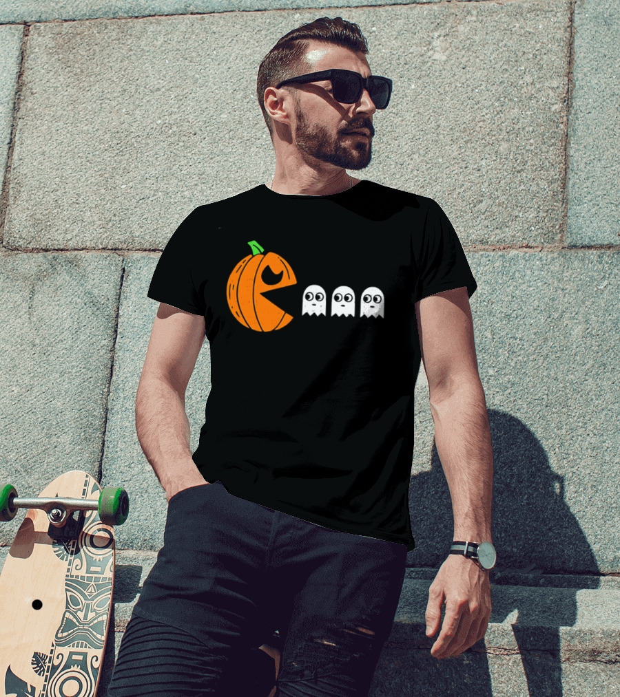 Halloween Pumpkin Pac Man Chasing White Ghosts Distressed Cartoon T-Shirt
