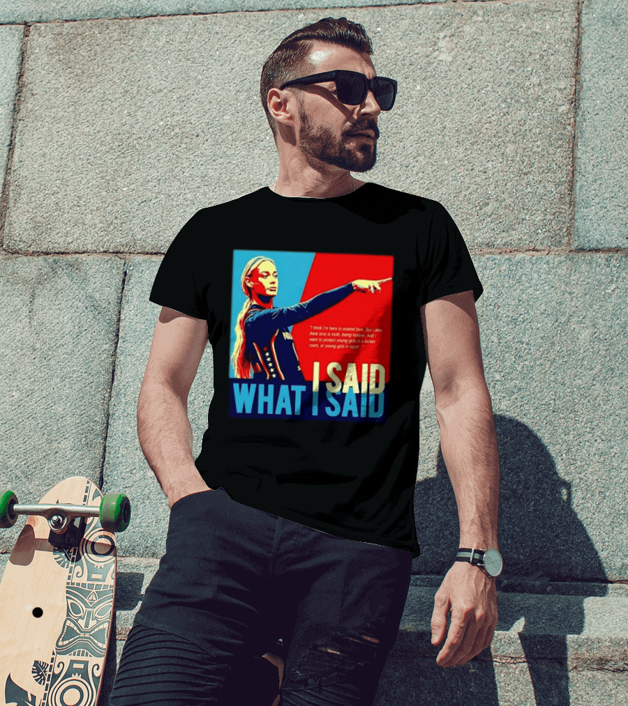 I Said What Blonde Female Athlete Pointing Red Blue Stylized Truth Honesty Protecting Young Girls In Sport T-Shirt