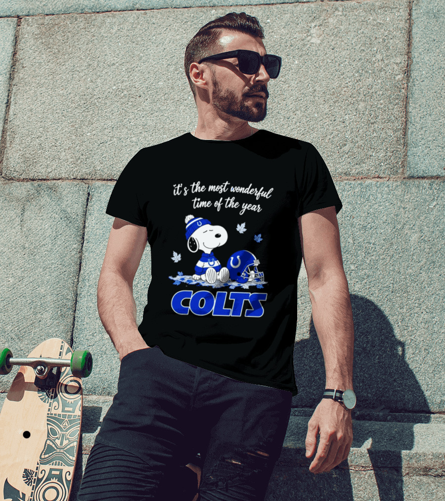 Indianapolis Colts Snoopy Beanie Helmet Leaves It's The Most Wonderful Time Of The Year T-Shirt