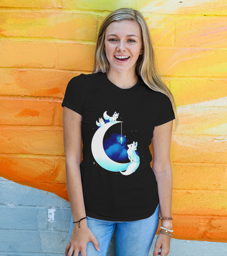 Glowing White Arctic Foxes Crescent Moon Crystal Night Sky T-Shirt