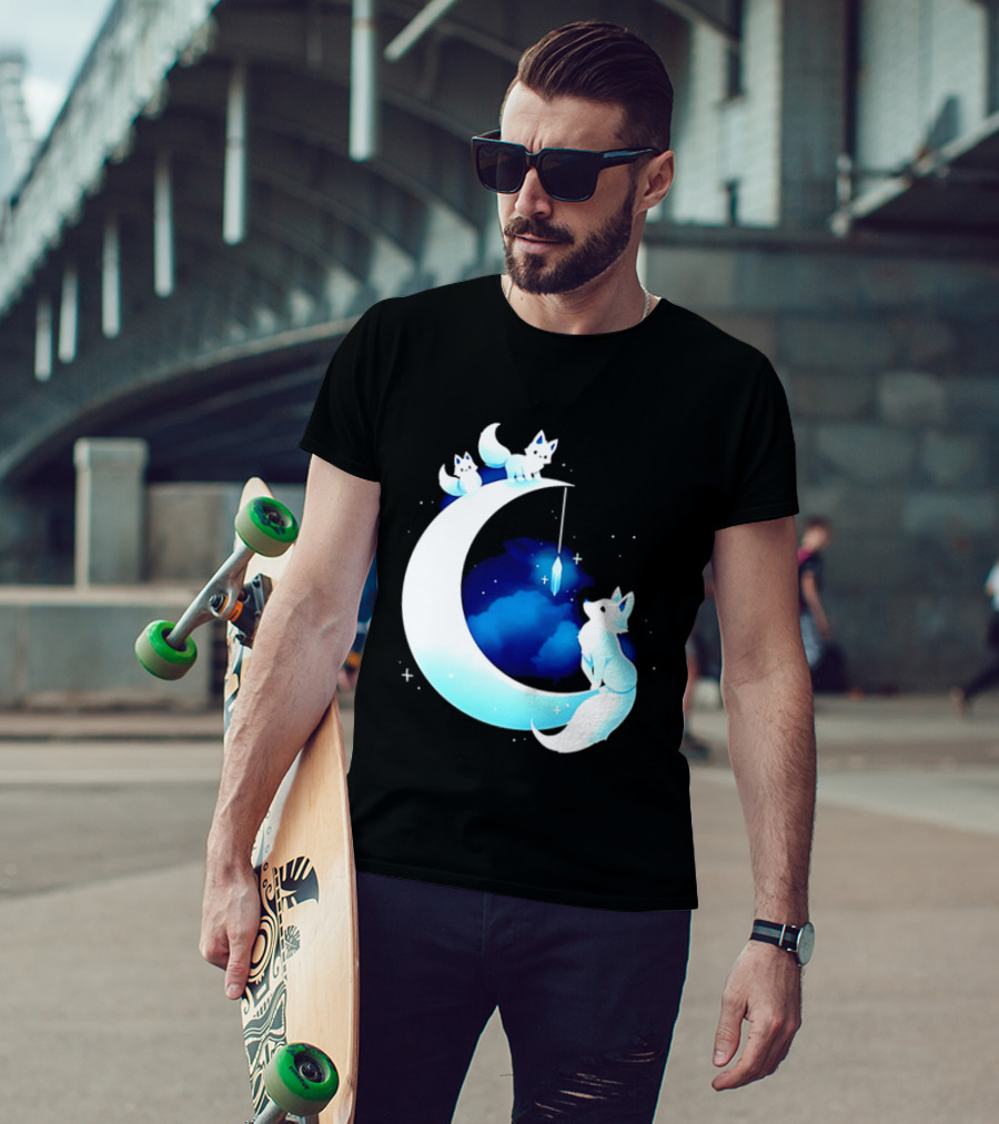 Glowing White Arctic Foxes Crescent Moon Crystal Night Sky T-Shirt