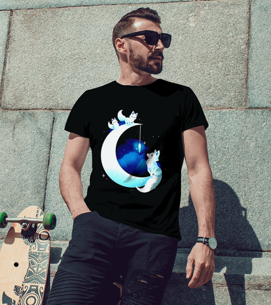 Glowing White Arctic Foxes Crescent Moon Crystal Night Sky T-Shirt