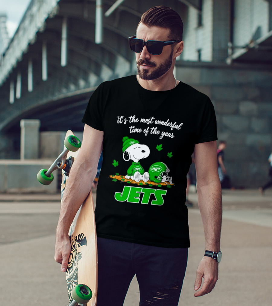 New York Jets It's The Most Wonderful Time Of Year Cartoon Dog Beanie Helmet Autumn Leaves T-Shirt