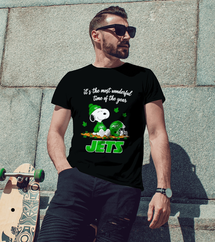 New York Jets It's The Most Wonderful Time Of Year Cartoon Dog Beanie Helmet Autumn Leaves T-Shirt