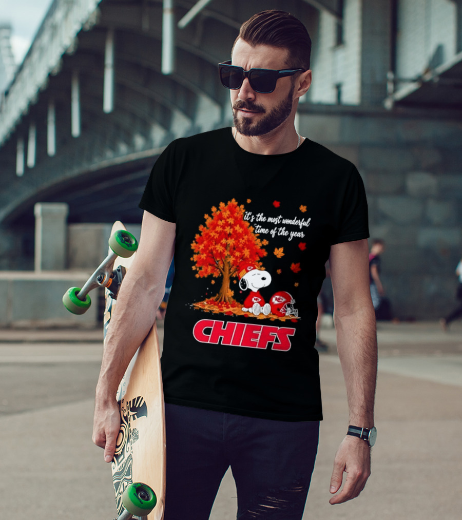 Kansas City Chiefs Snoopy Autumn Tree Football Helmet Most Wonderful Time Of The Year T-Shirt