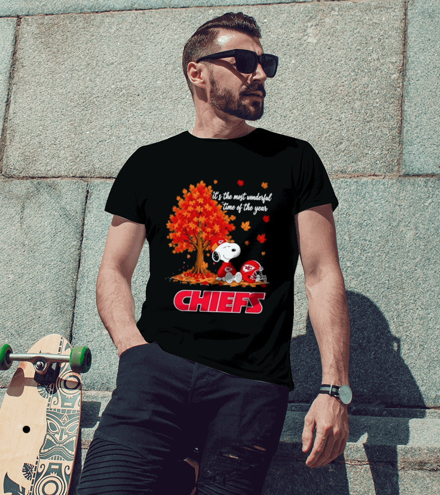 Kansas City Chiefs Snoopy Autumn Tree Football Helmet Most Wonderful Time Of The Year T-Shirt