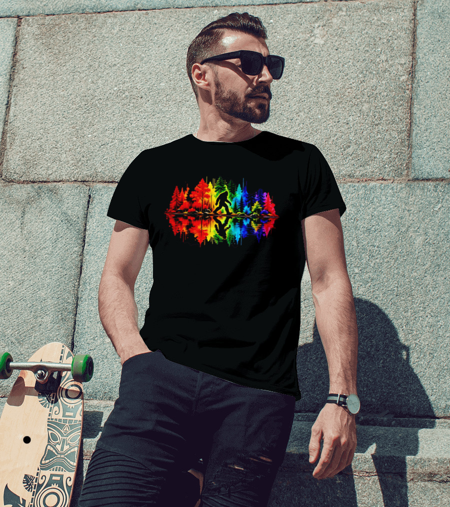 Rainbow Bigfoot Forest Reflection T-Shirt