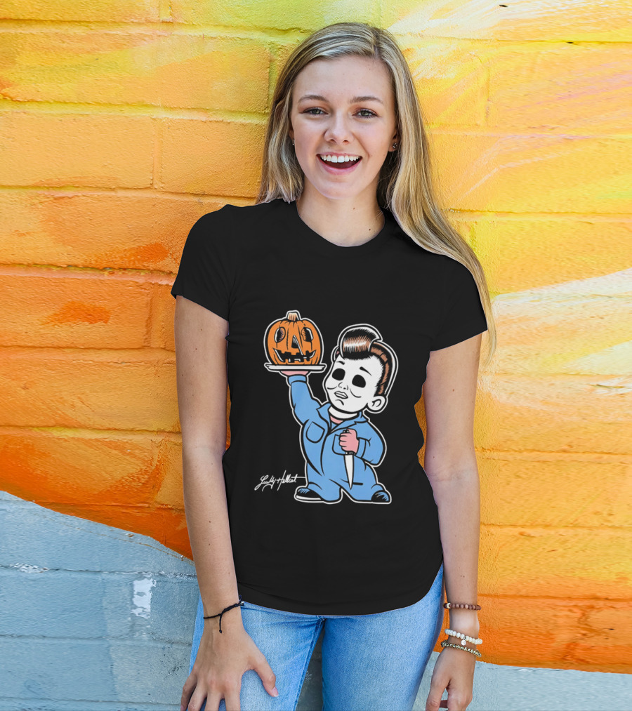 Lucky Hellcat Michael Myers Cartoon Pumpkin Knife Caricature T-Shirt