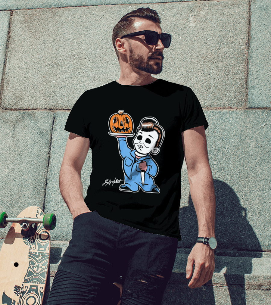 Lucky Hellcat Michael Myers Cartoon Pumpkin Knife Caricature T-Shirt