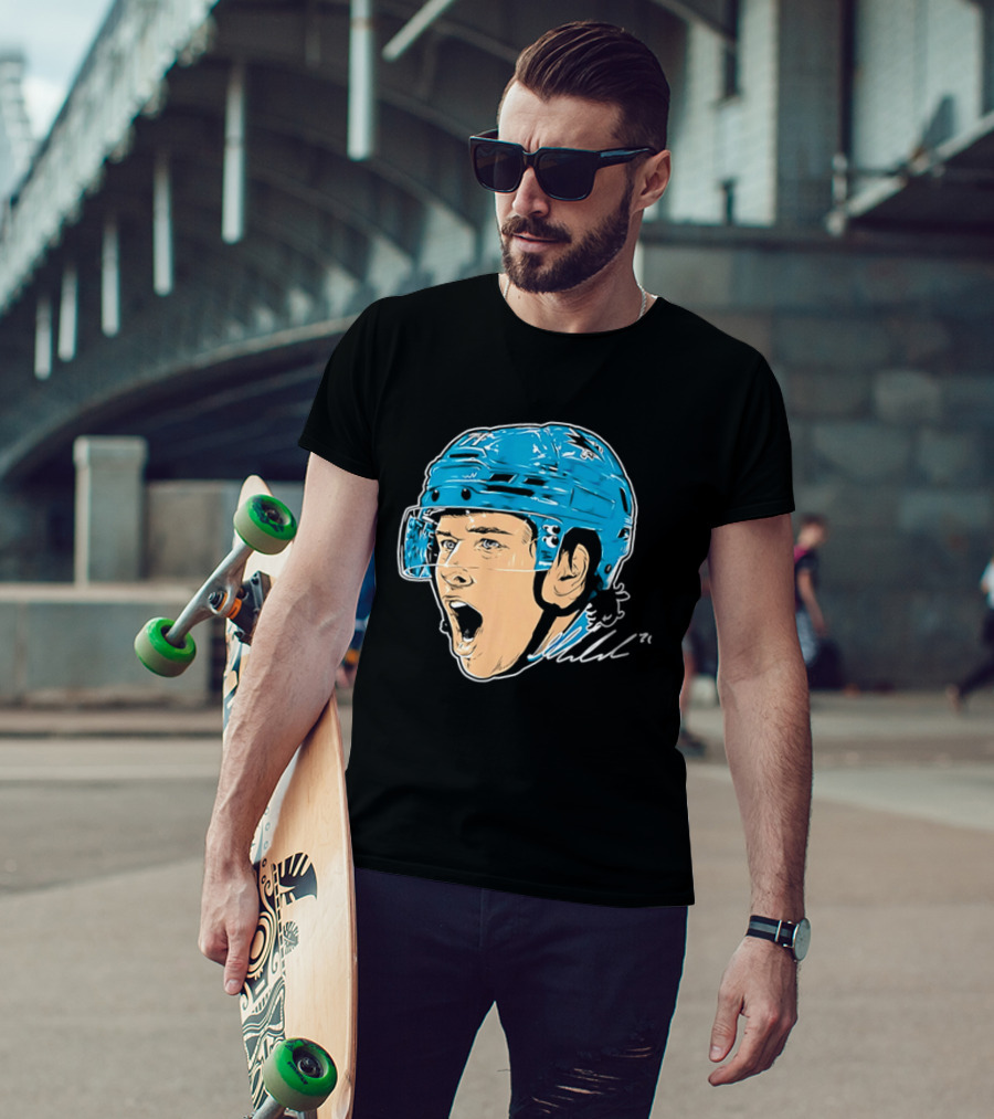 San Jose Sharks NHL 71 Yelling Hockey Player Helmet Caricature T-Shirt