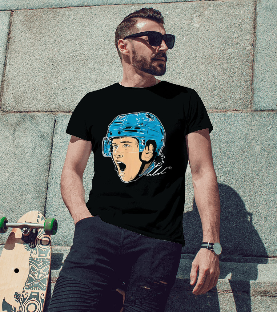 San Jose Sharks NHL 71 Yelling Hockey Player Helmet Caricature T-Shirt